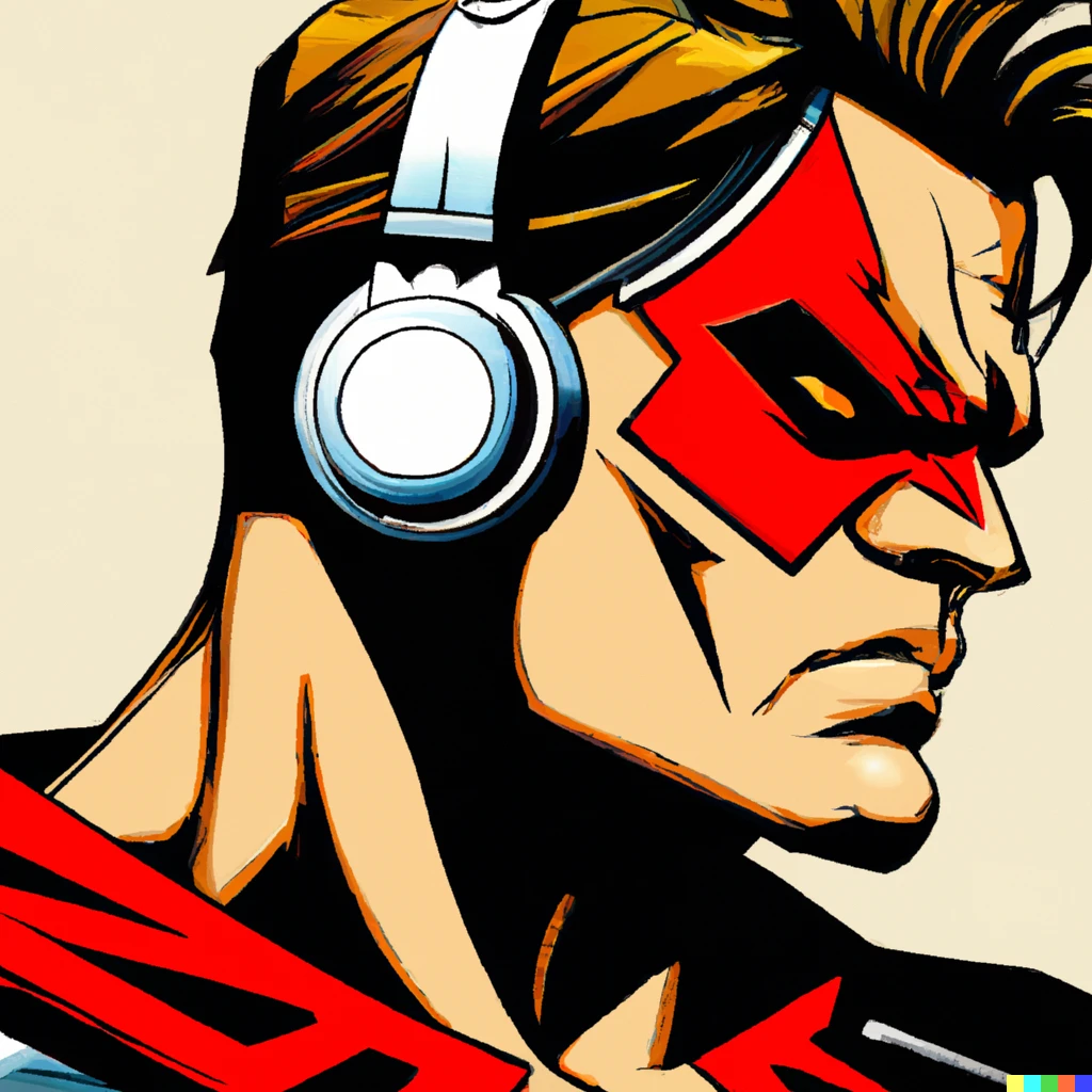 A comic book cover of a superhero wearing headphones